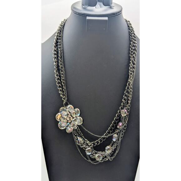 Simply Vera Wang Multi Strand Gun Metal/Black Chain Crystal Flower Necklace - Picture 8 of 8